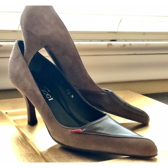 Sesto Meucci Shoes - Sesto Meucci Brown Taupe Suede & Contrast Leather Pointy Toed Heels 6.5 N Narrow